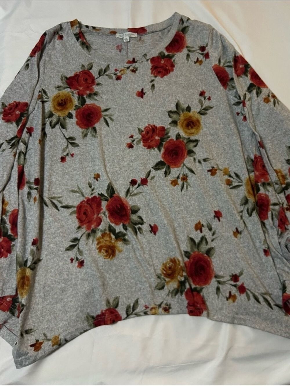 Women’s Green Envelope 2X Gray Floral Pullover Shirt Fleece Cottagecore Roses
